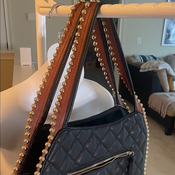 Big Buddha Black Quilted Shoulder Bag with Gold Bead Trim and Tan Edging - Picture 10 of 10